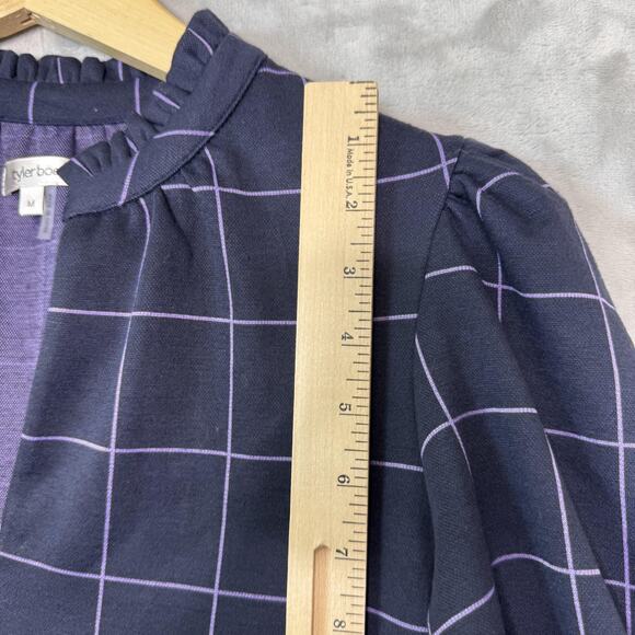 Tyler Boe Dress Womens Medium Blue Windowpane Check Puff Sleeve Shift Modern - Picture 12 of 13